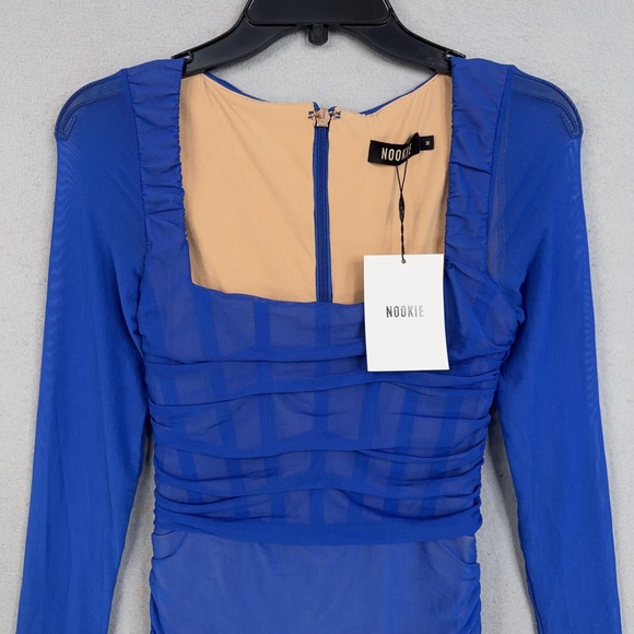 Nookie Dress Womens Medium Blue Ruched Mesh Vision Bodycon Mini Cocktail NWT - Picture 2 of 10